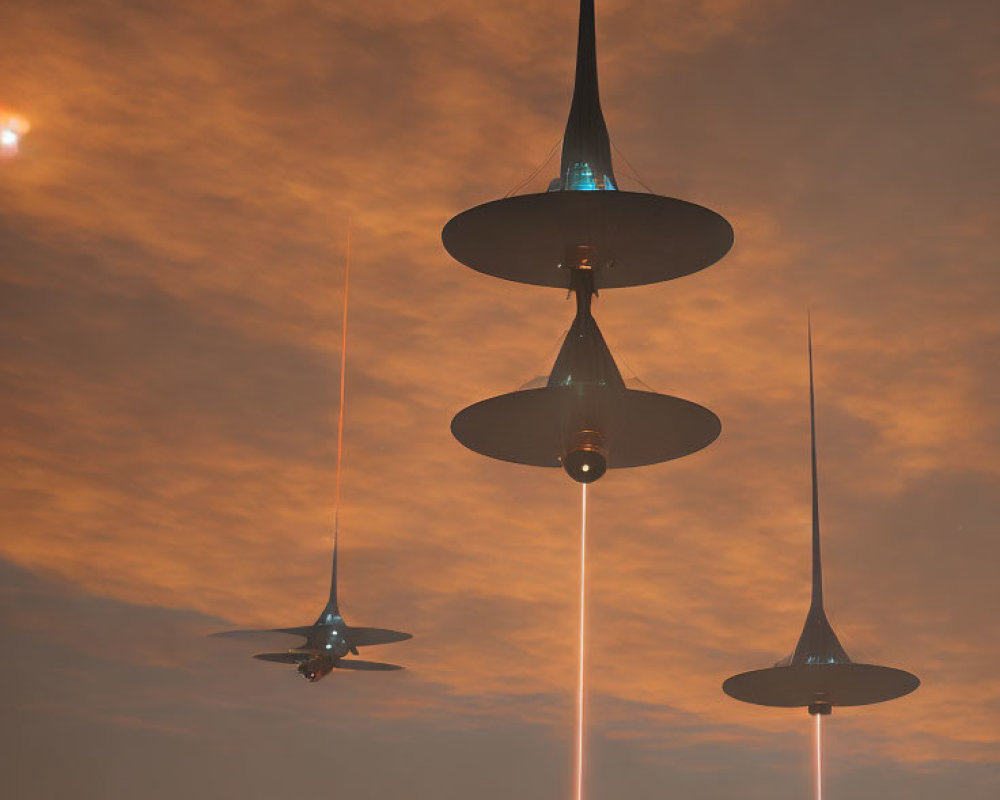 Futuristic hanging lamps emit beams against orange sky