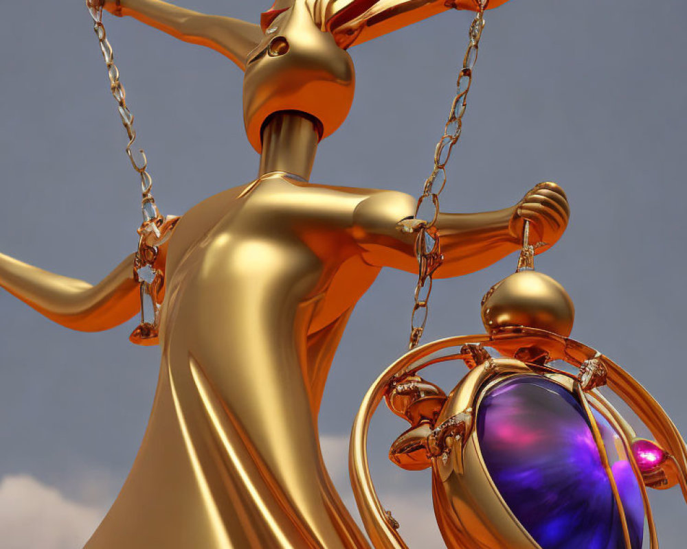 Golden humanoid figure with elongated limbs and ornate pocket watch against blue sky