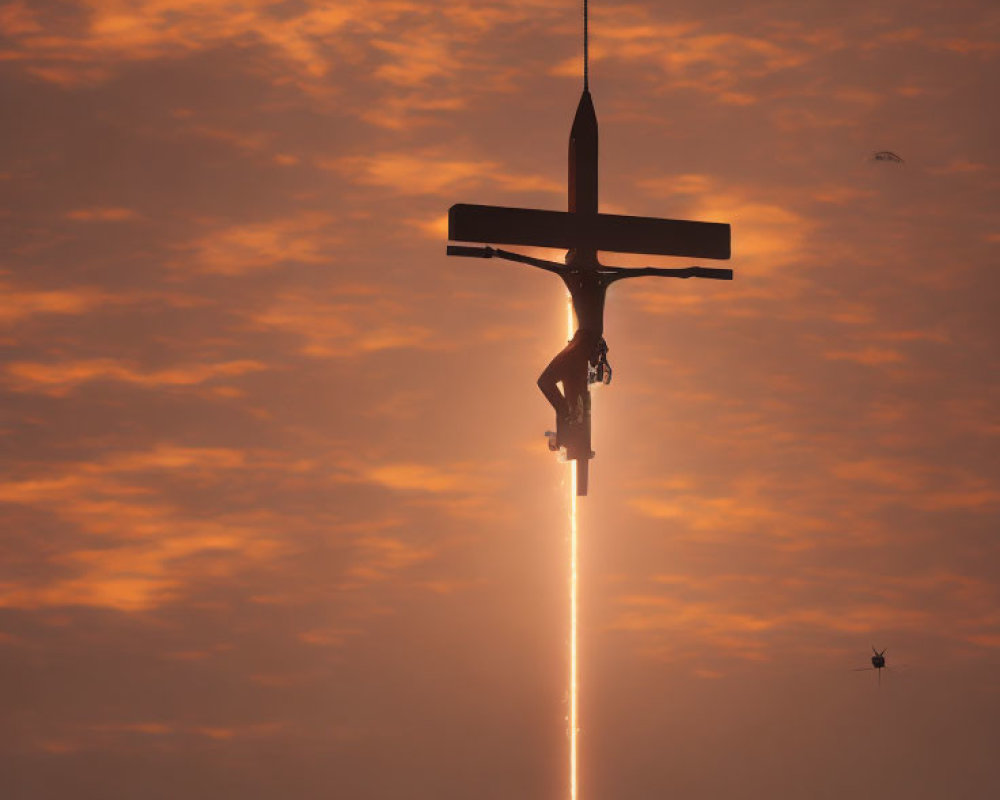 Rocket-propelled object ascends at sunset with fiery exhaust plume and small objects in sky