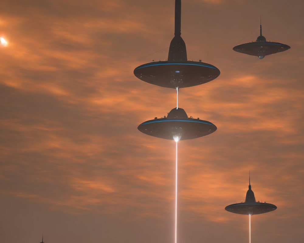 Multiple UFOs with light beams under twilight sky