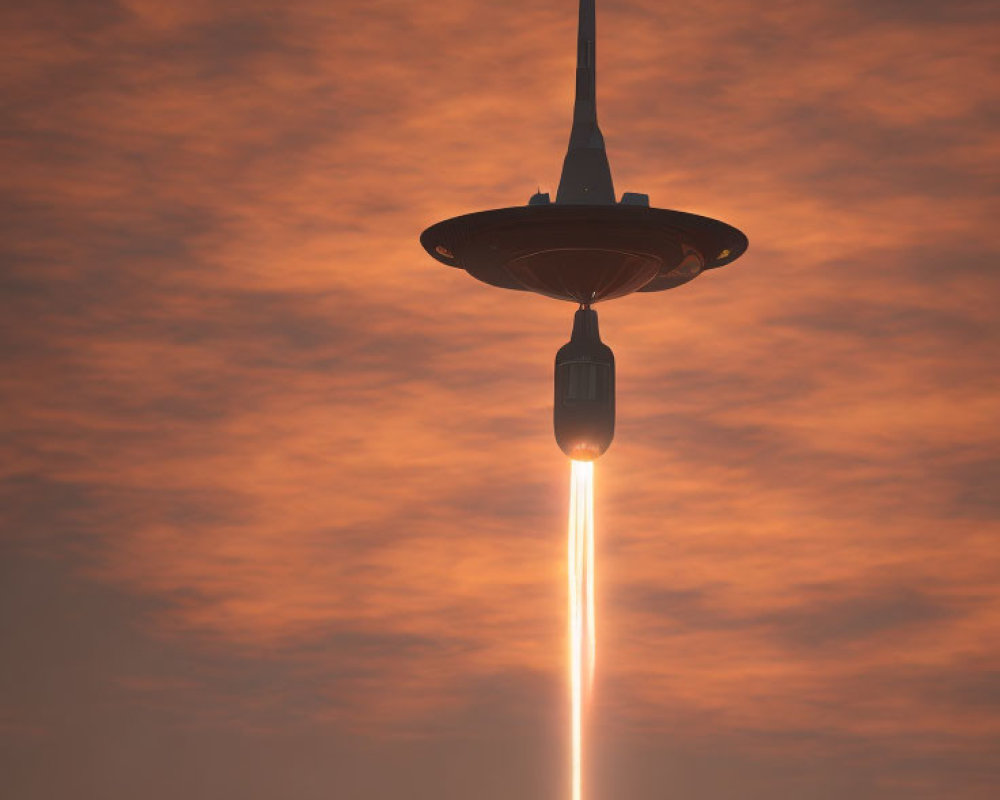 UFO-shaped spaceship emitting light in orange sky