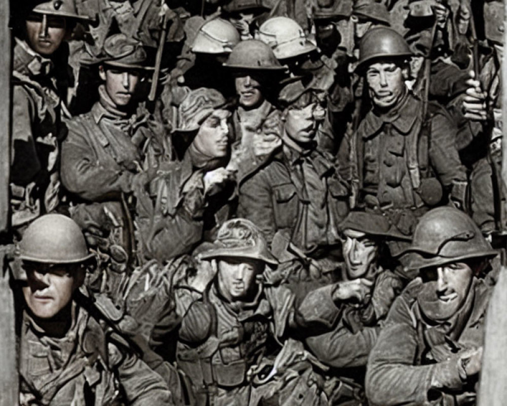 Monochrome image of soldiers in helmets, ready for combat