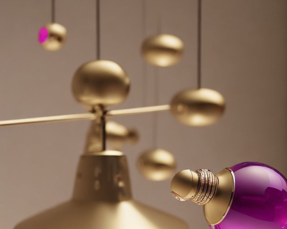 Golden Finish Modern Chandelier with Abstract Spheres and Purple Glass Globe