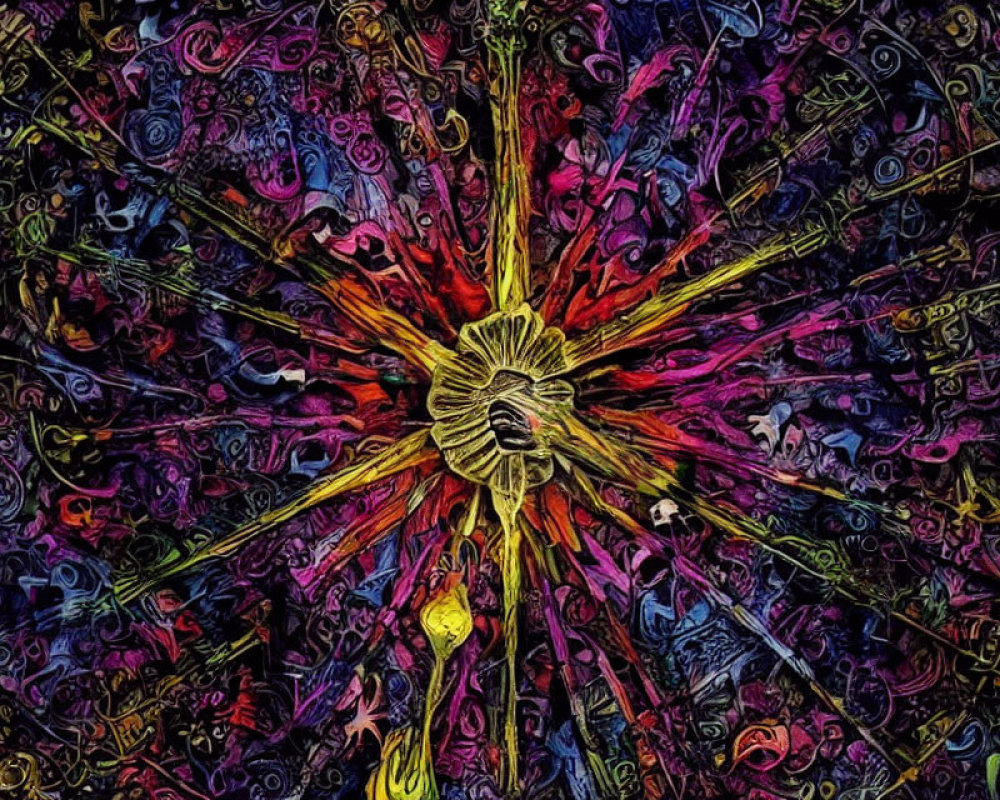 Colorful digital artwork with central explosion and abstract designs