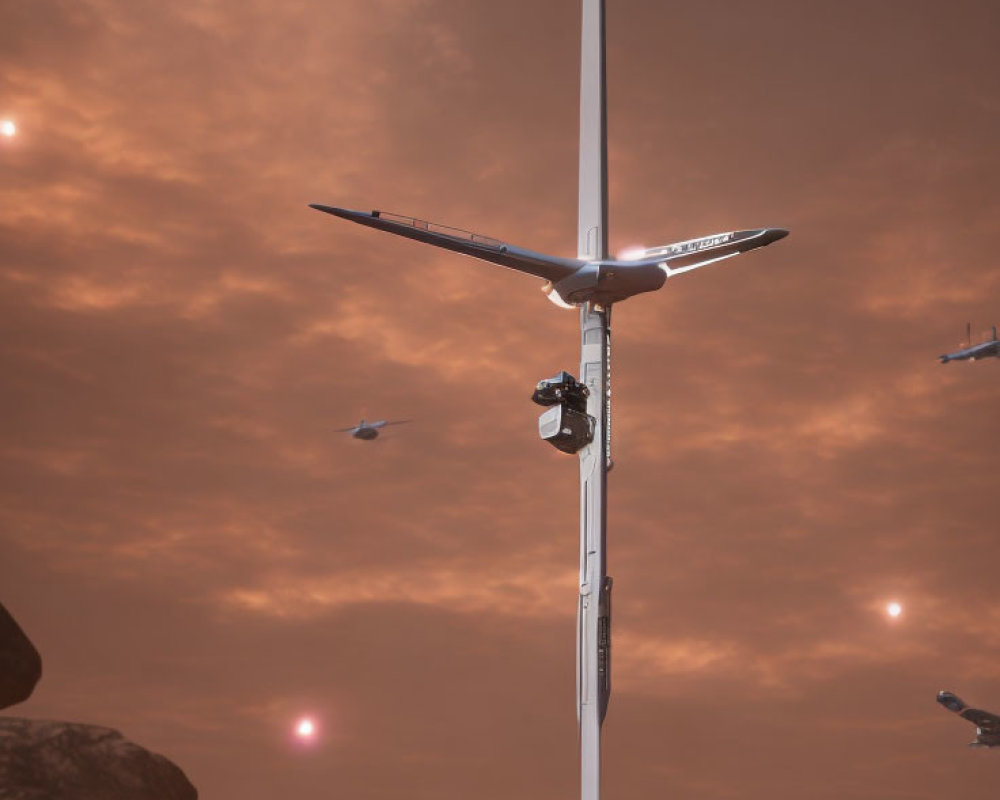 Futuristic vertical take-off aircraft near tall tower in reddish sky with floating rocks