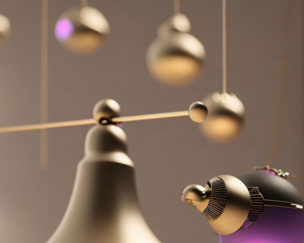 Abstract composition featuring bronze bell, suspended orbs, purple lights, and reflective surfaces