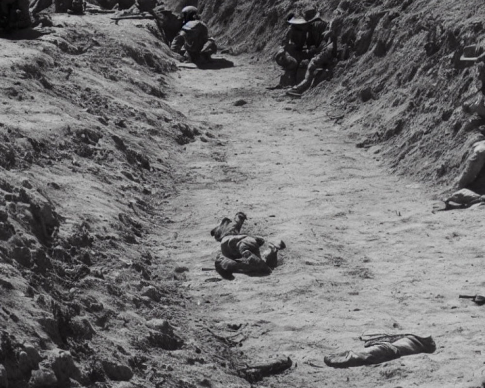 Vintage black and white photo of soldiers in trench during wartime