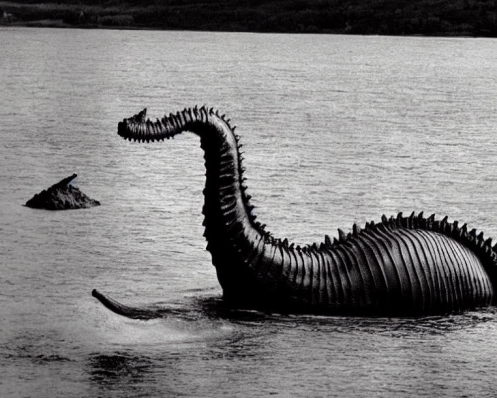 Monochrome image of mythical sea monster with long neck in water