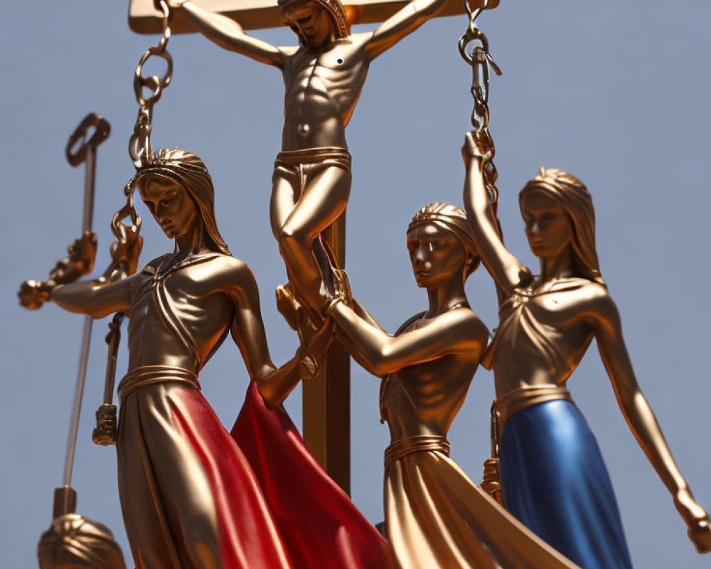 Row of Lady Justice Statues with Scales and Sword Against Blue Sky