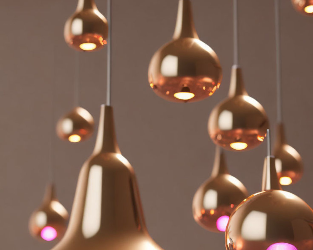 Modern interior featuring rose gold pendant lamps in various shapes on a neutral background