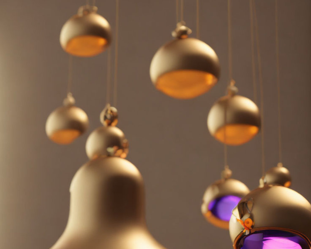 Golden Finish Purple-Tinted Glass Pendant Lights at Varying Heights