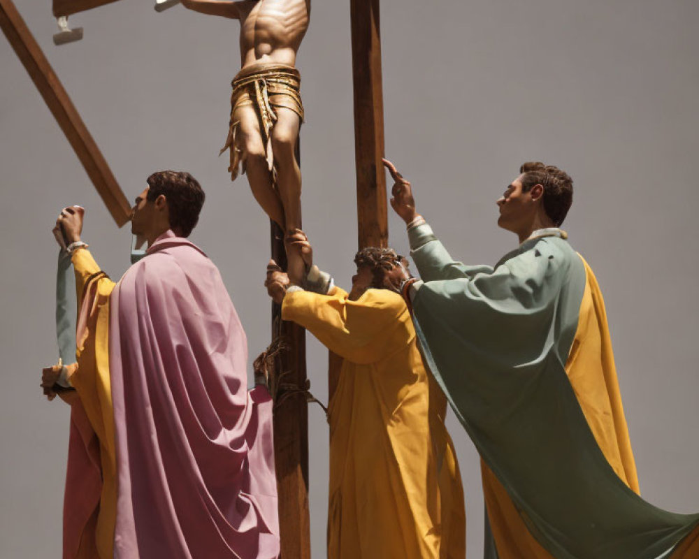 Historical figures gazing at Jesus on cross under clear sky