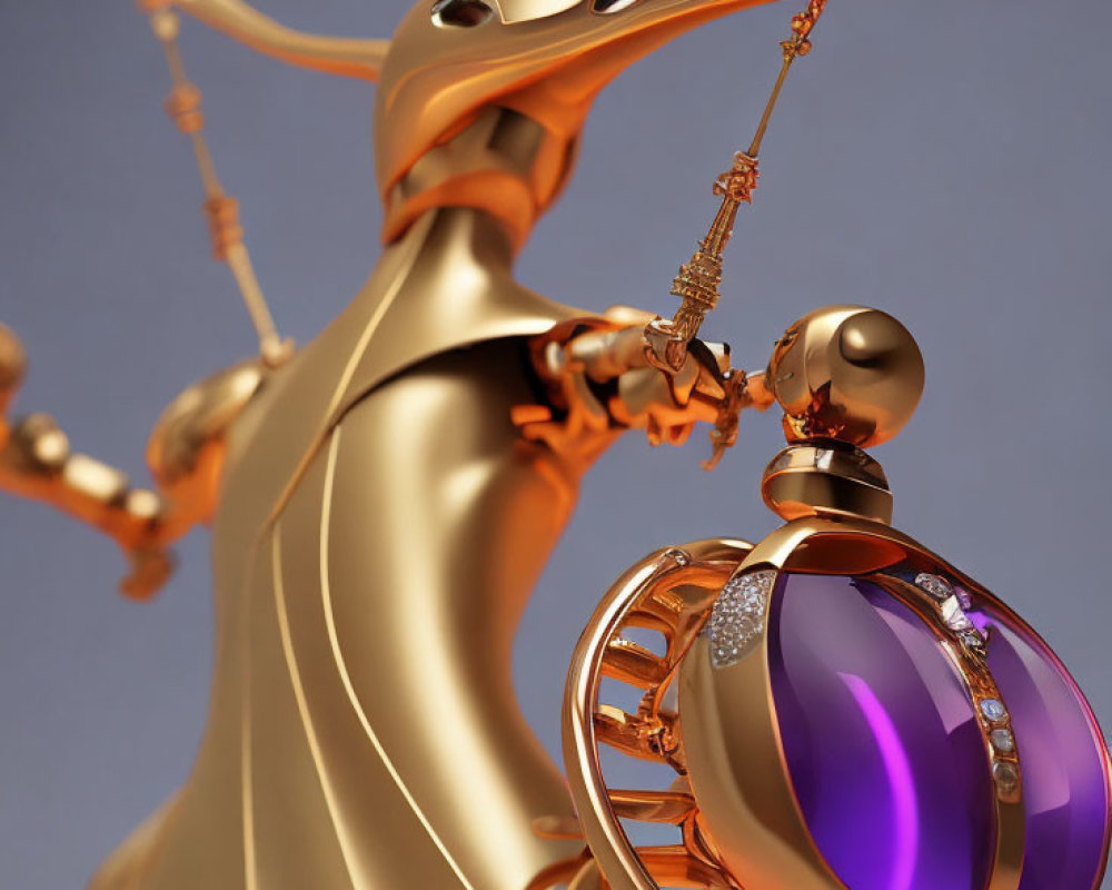 Golden robot with bird-like features holding purple gem sphere on warm backdrop