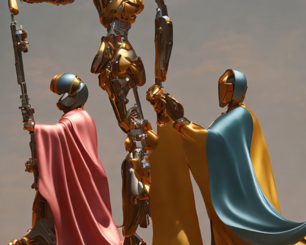 Shiny robots with capes under dusky sky, one holding spear, others conversing