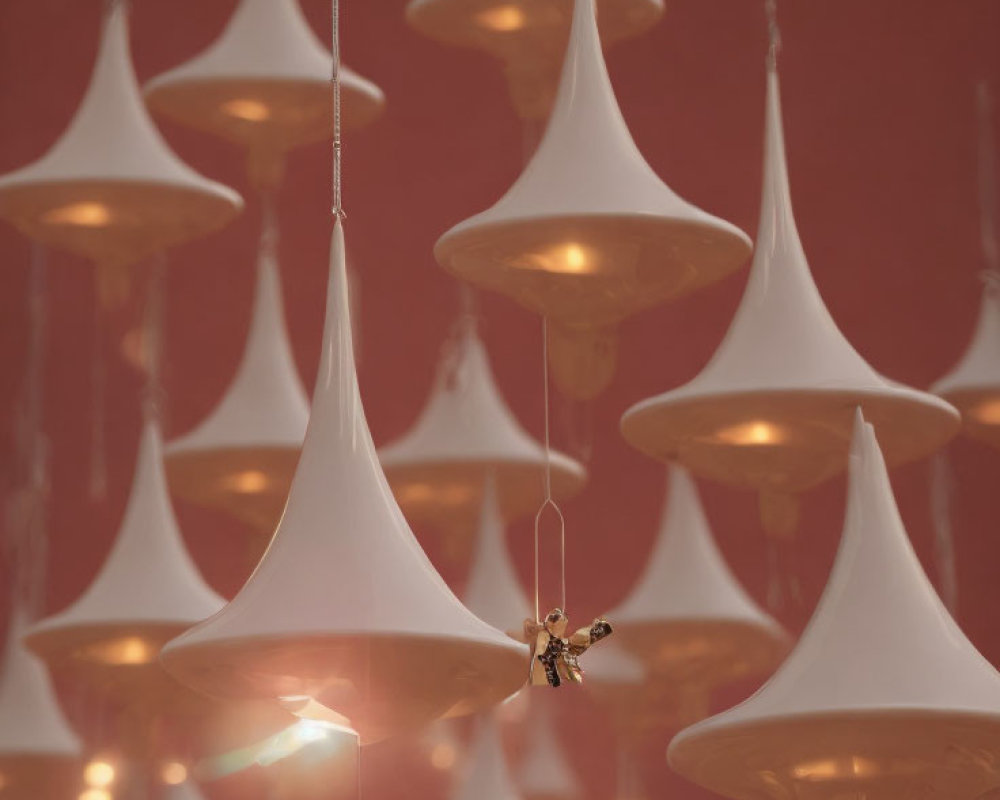 Inverted teardrop-shaped modern lighting fixtures on red ceiling