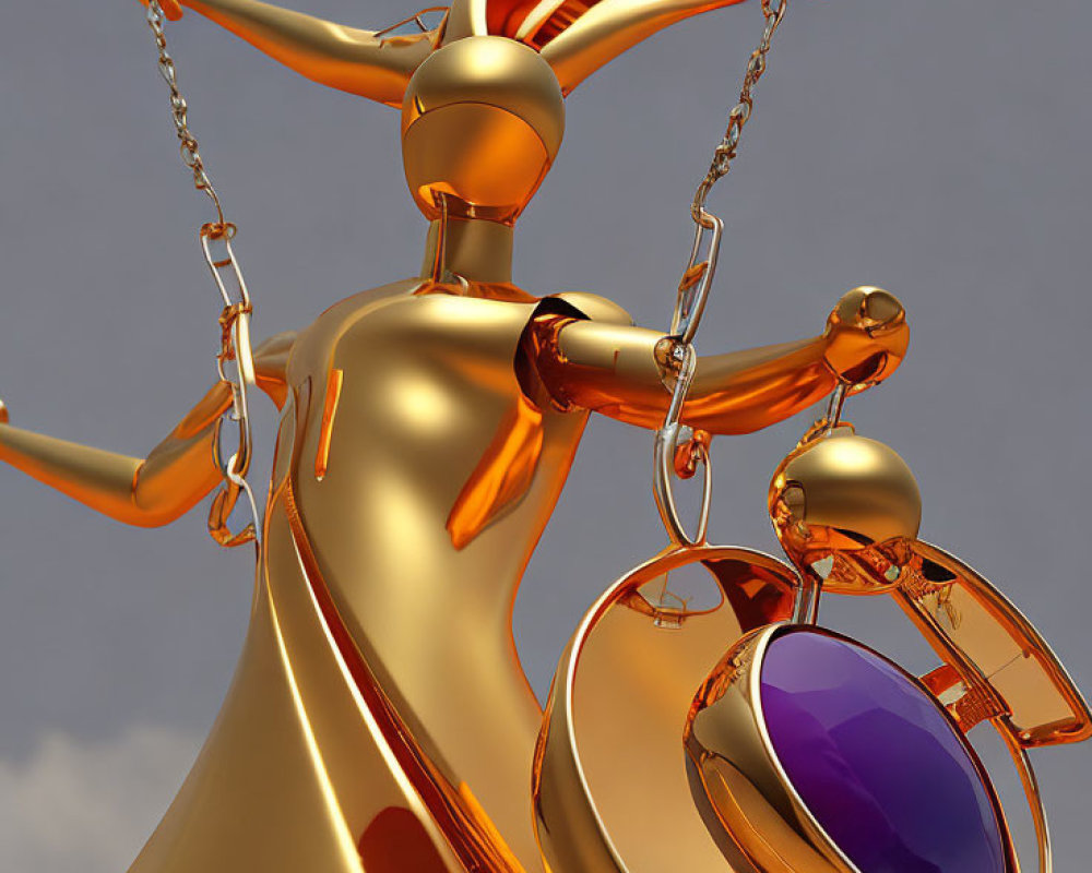 Gold and Chrome Lady Justice Figure with Balanced Scales and Purple Gemstone on Grey Background