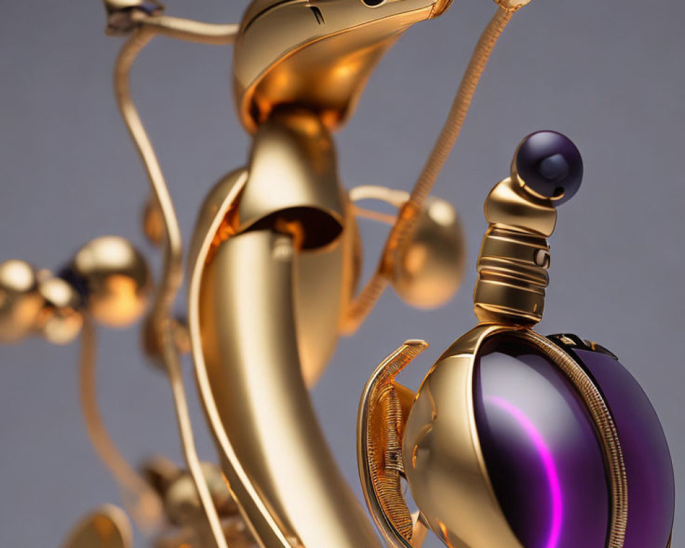 Abstract Metallic Sculpture: Gold-Toned with Purple Sphere