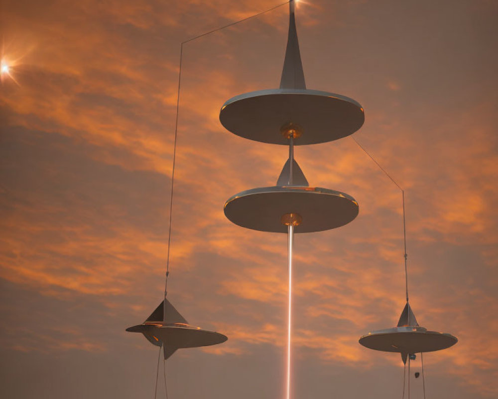 Three UFO-shaped pendant lights against warm sky backdrop with sunbeam.