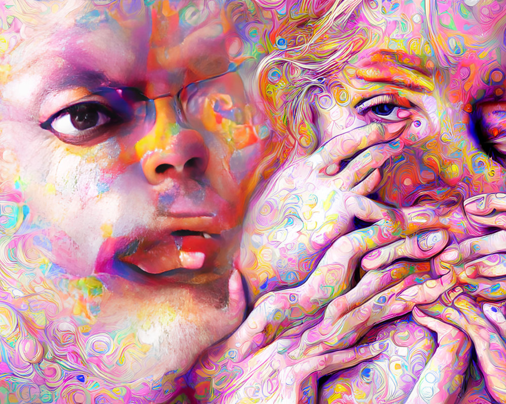 Colorful Psychedelic Digital Artwork with Overlapping Faces