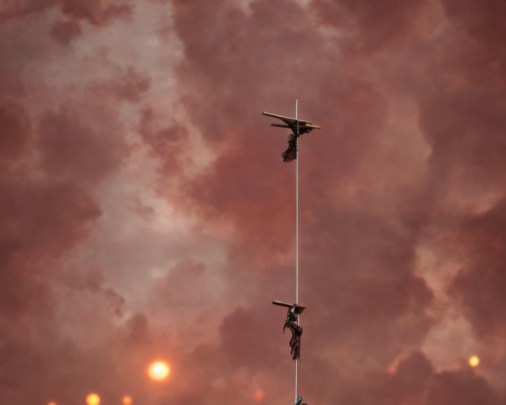 Helicopter hoisting people under dramatic red sky