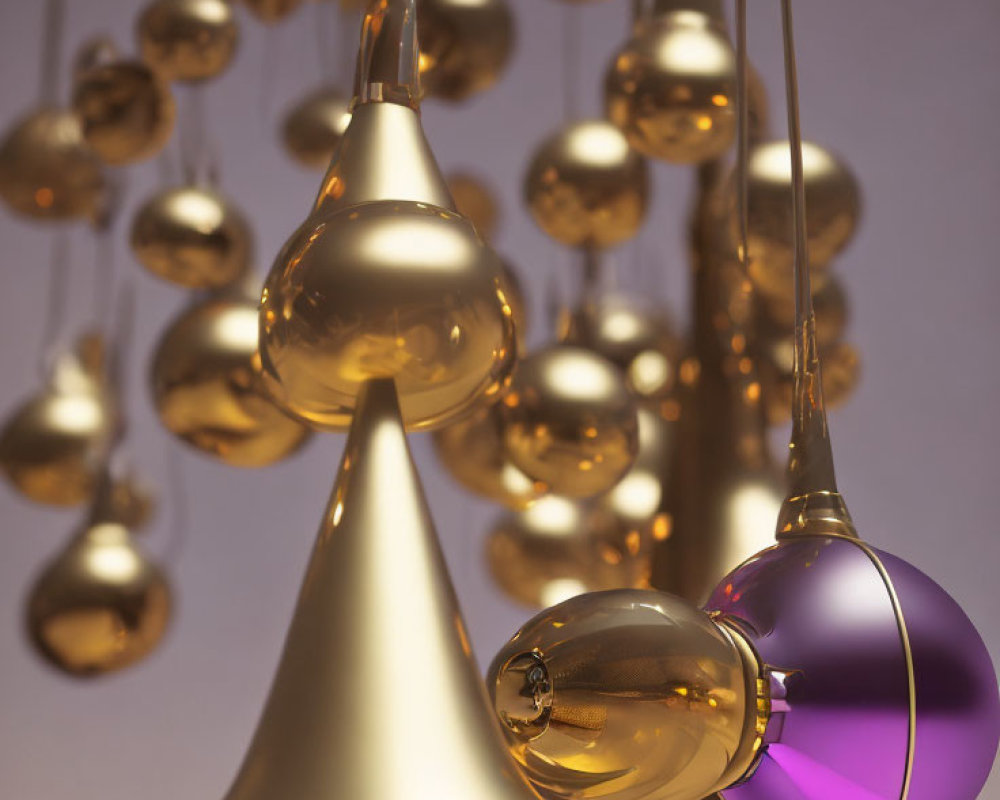 Golden geometric shapes and spheres with reflections, purple-tinted orb on muted background