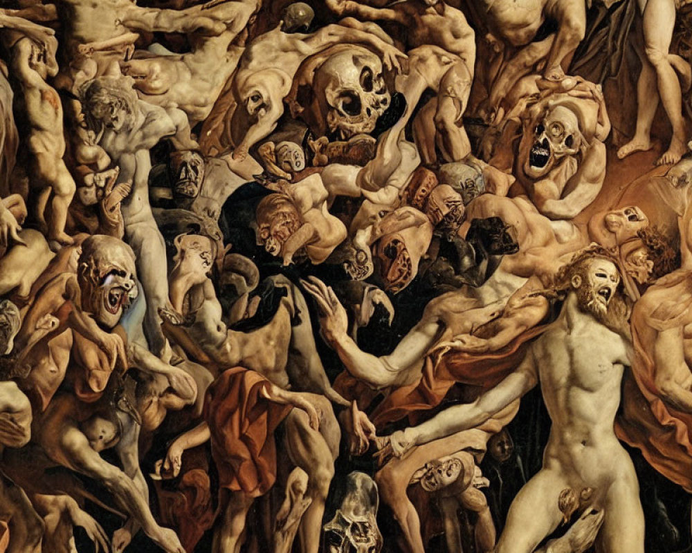 Detailed depiction of chaotic and anguished figures with skeletal entities and expressive faces in a distressing arrangement