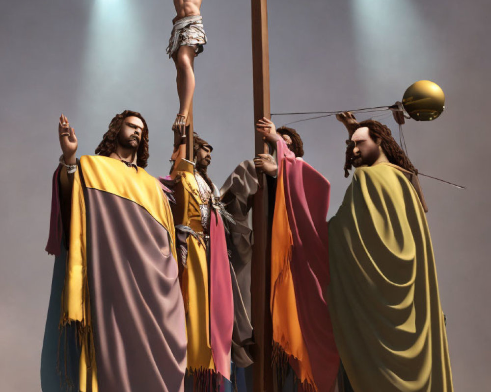 Digital artwork of Christian crucifixion scene with robed figures and shining light