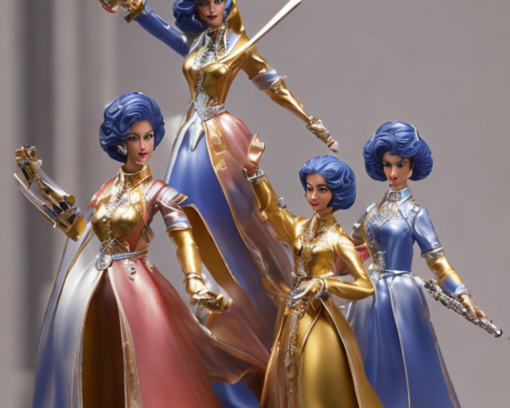 Four Identical Action Figures with Blue Hair and Golden Armor in Blue and Red Outfits against Neutral Background