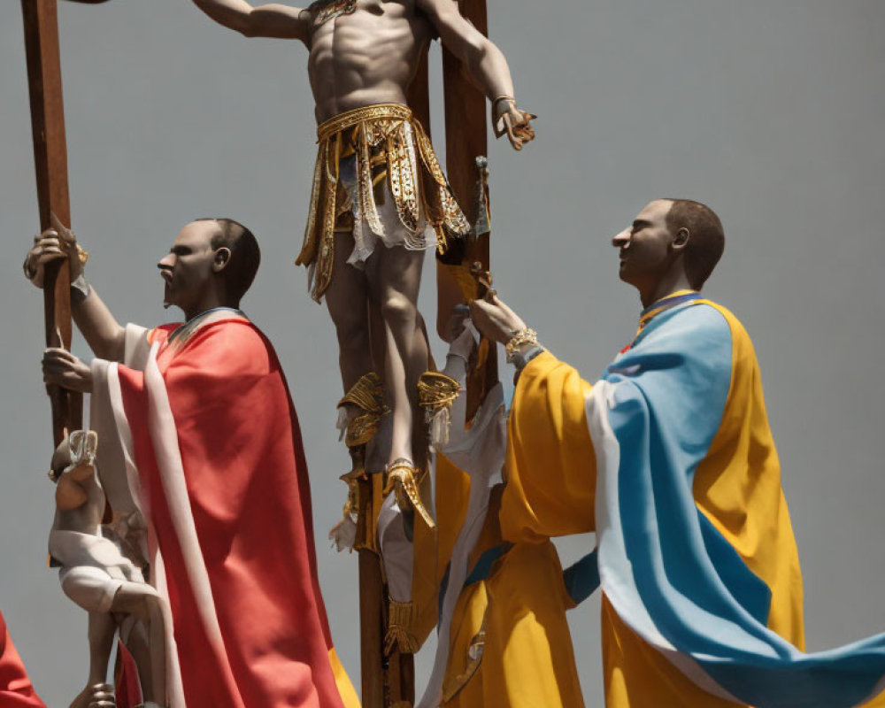 People in colorful robes carrying a cross statue in religious procession.