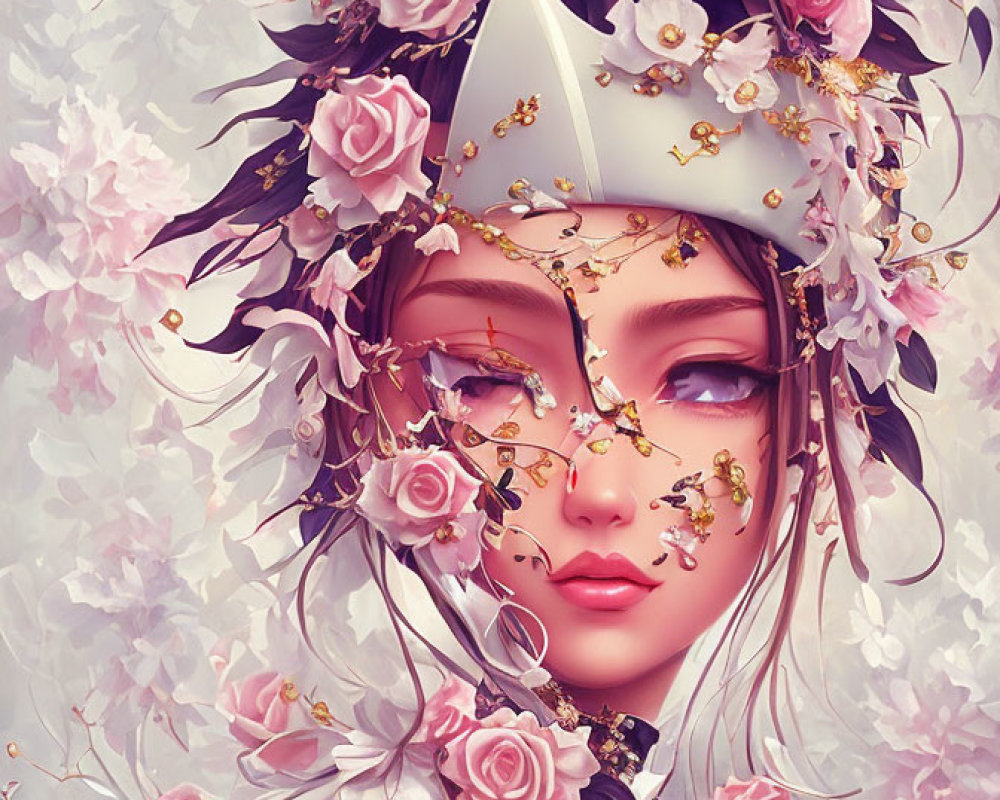 Person with Floral Headdress: Pink Roses, Gold Chains, Serene Expression