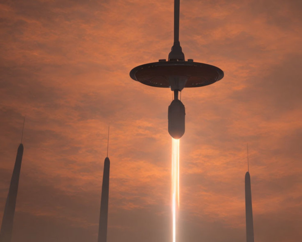 Futuristic spaceship emitting light in urban setting at dusk