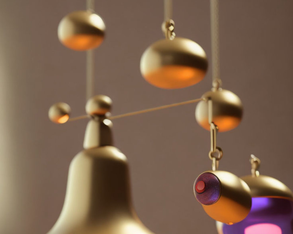 Golden spherical ornaments connected by rods in artistic rendering under warm lighting