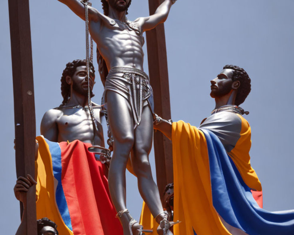 Classical Figure Sculpture with Draped Cloth Against Blue Sky