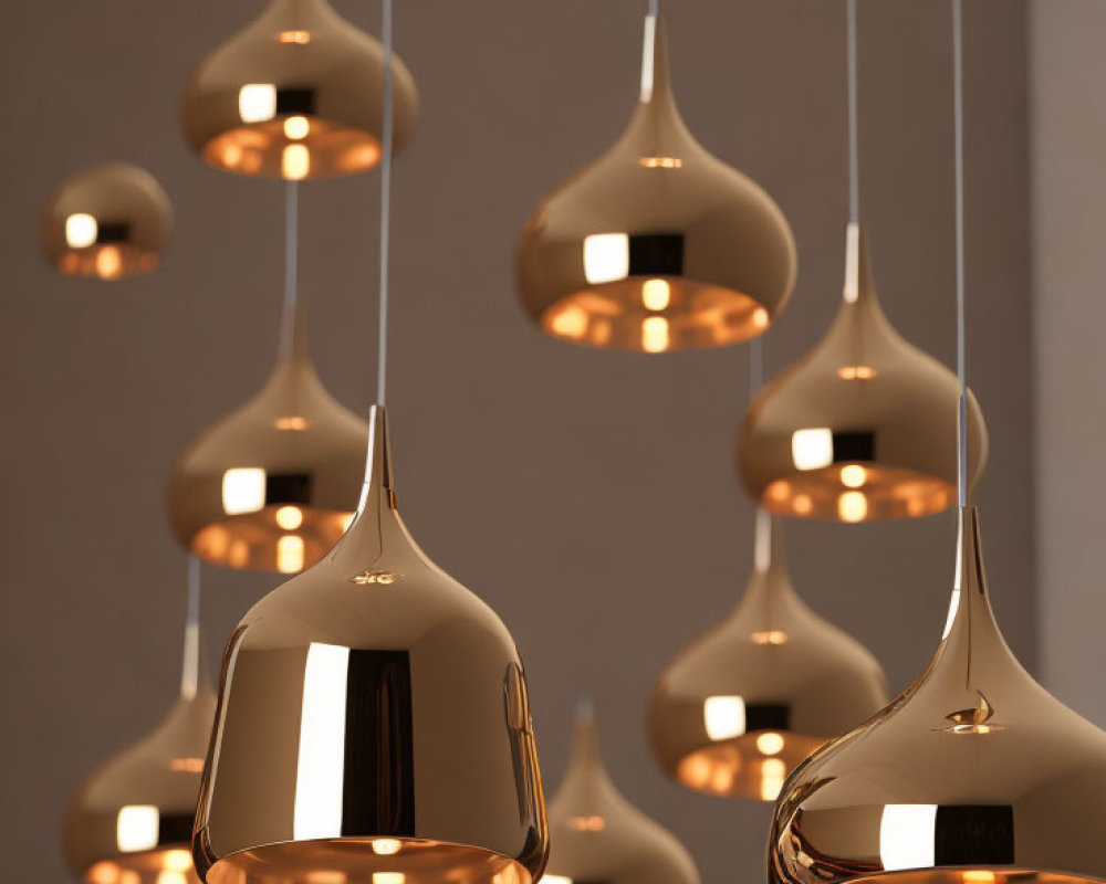 Elegant golden pendant lights in various heights on neutral backdrop