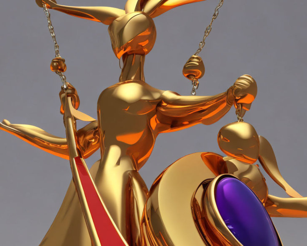 Golden Lady Justice 3D rendering with scales, sword, and blindfold