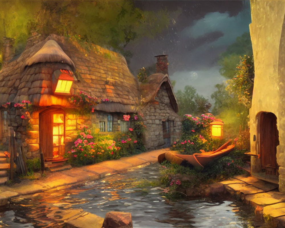 Twilight scene of a quaint village with thatched cottages, lantern, stream, boat, and