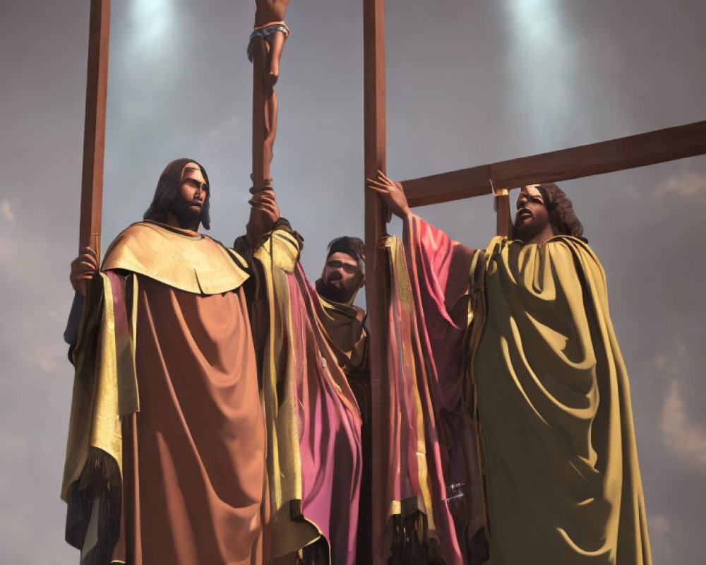 Three people in historical attire by backlit crucifix with dramatic sky.