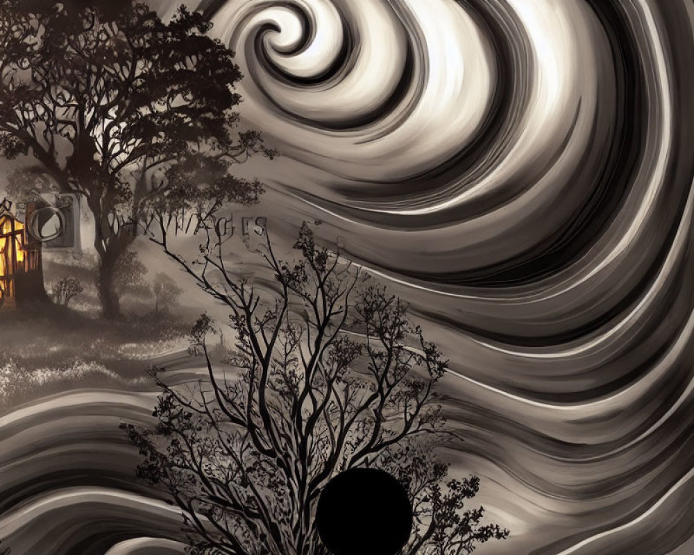 Monochrome swirling sky above landscape with bare trees and vortex