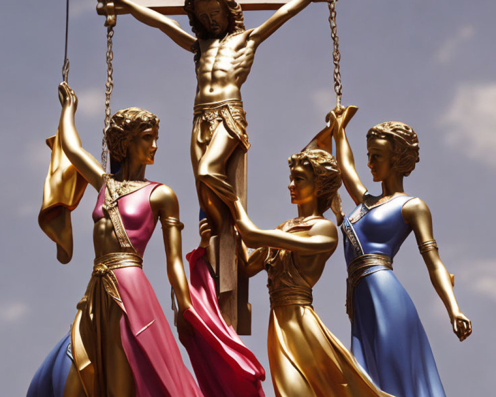 Colorful Gowned Women Statues with Scale and Suspended Male Figure