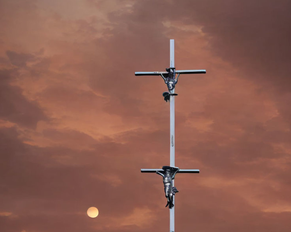 Vertical Alignment of Two Helicopters in Sunset Sky