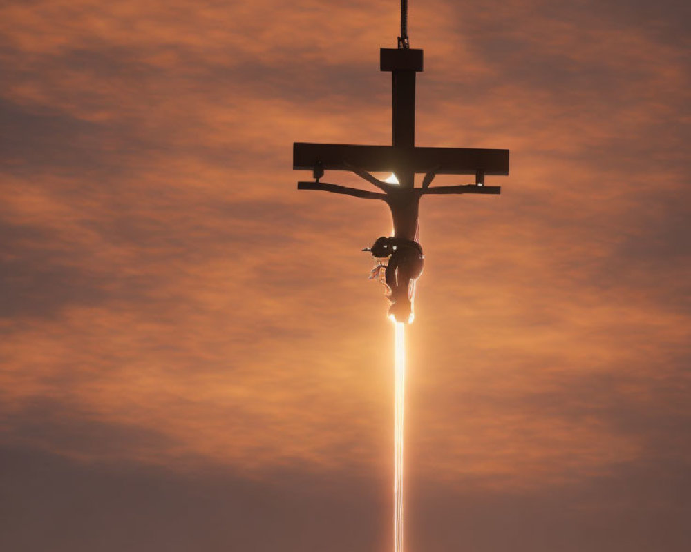 Rocket descending with fiery exhaust in cloudy sunset sky.