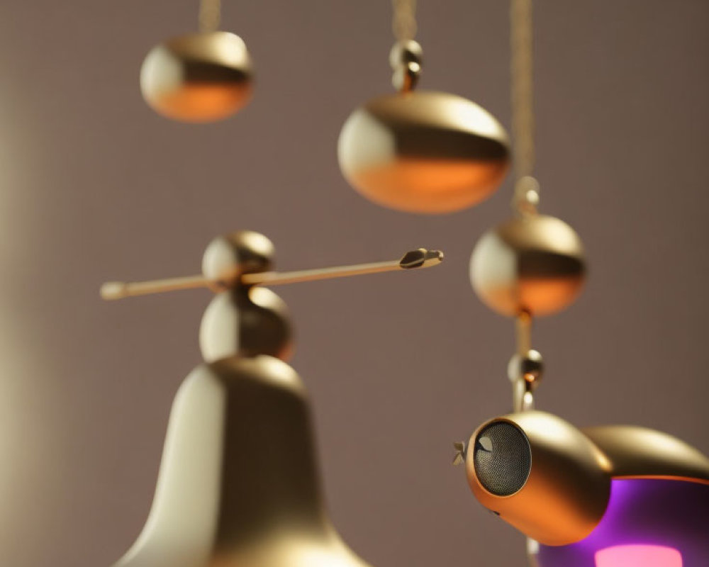 Abstract Balance Scale with Bell Base and Glowing Orbs on Soft Brown Background