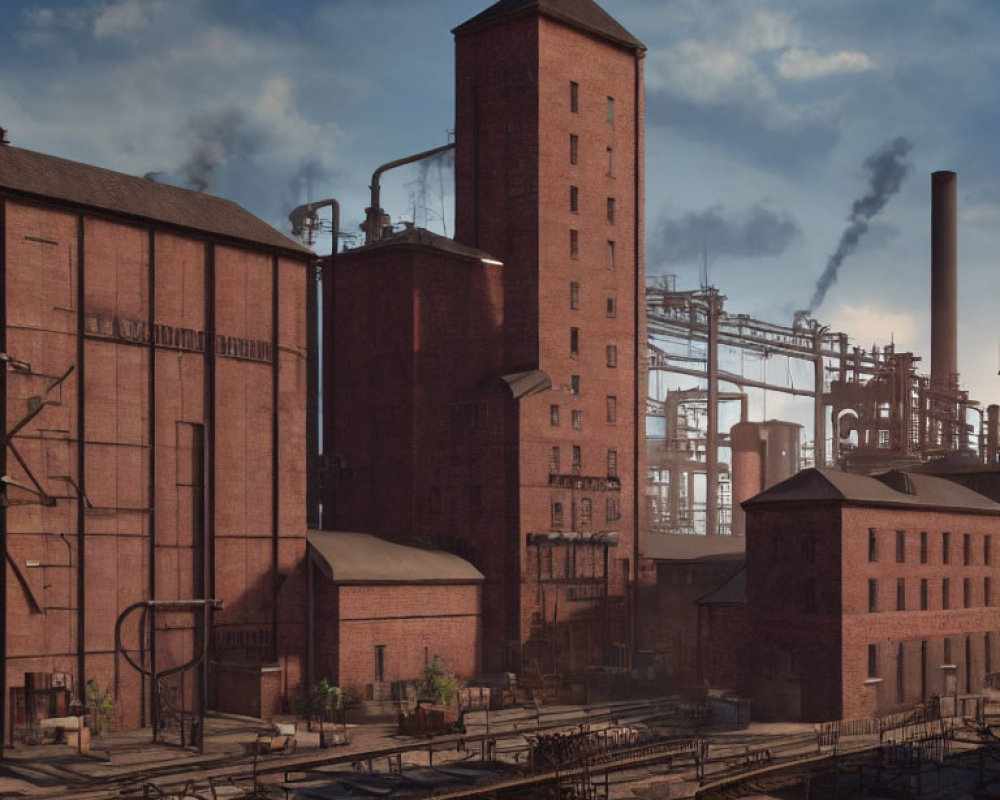 Industrial Brick Buildings and Smokestacks Against Blue Sky