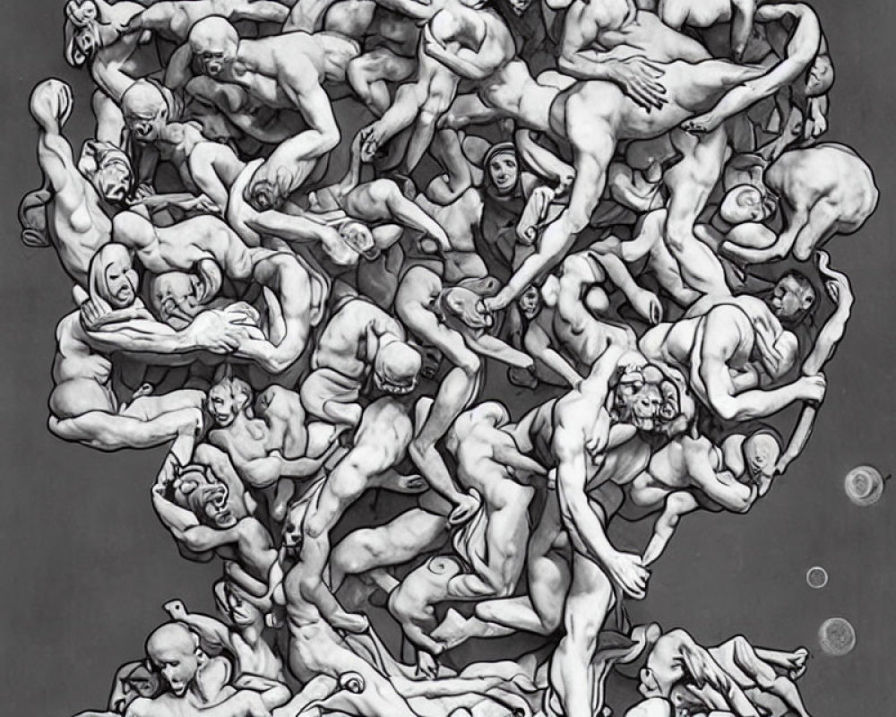 Monochrome artwork of intertwined human figures with dramatic expressions in clustered formation