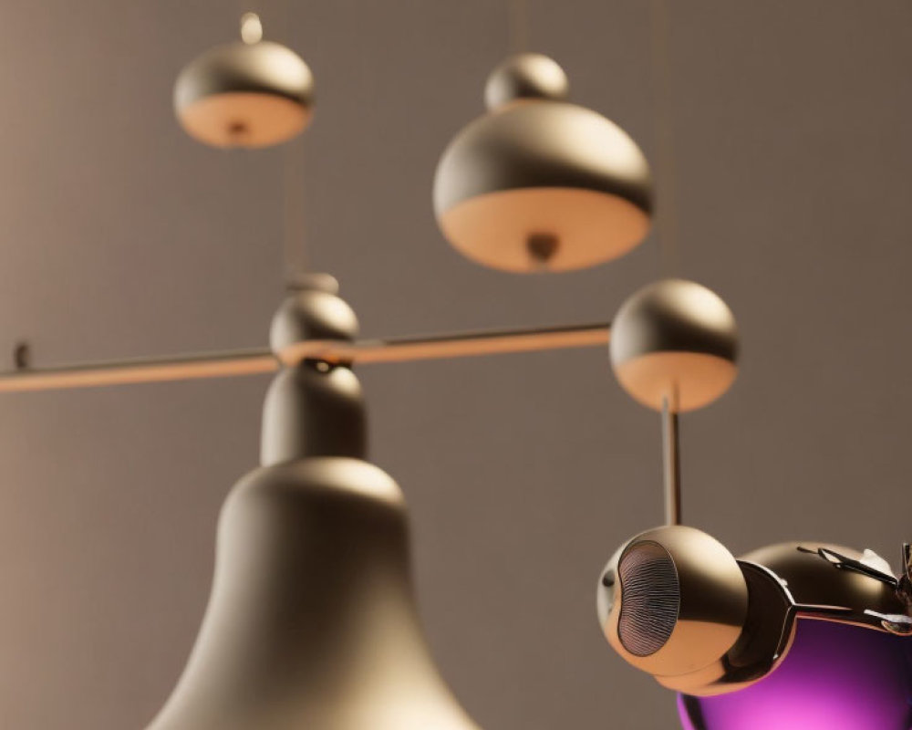 Elegant modern pendant lights: soft metallic finish, purple orb, against warm neutral backdrop