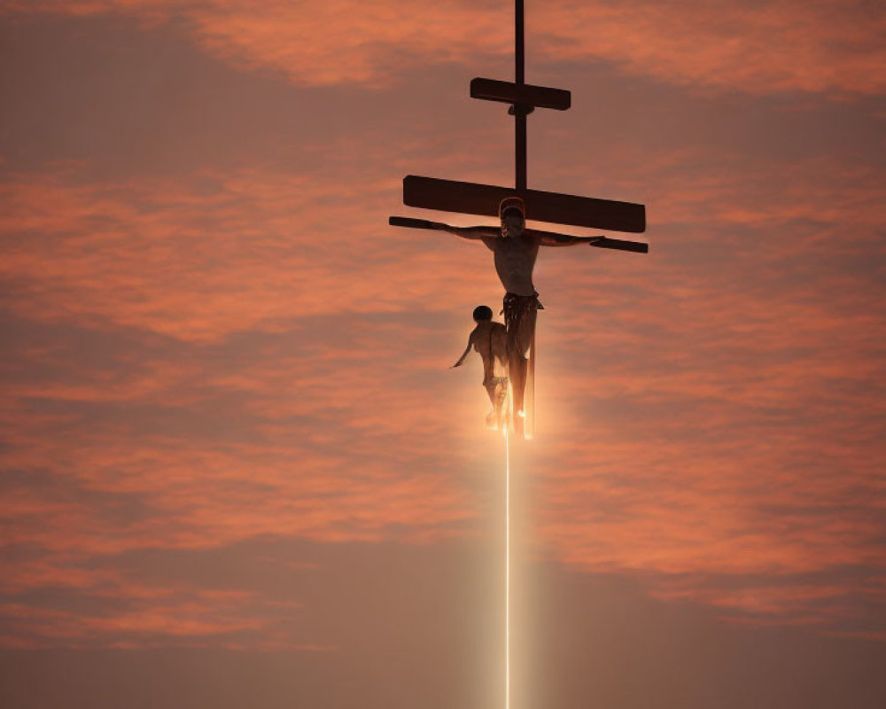 Silhouette of Crucifix with Jesus Figure in Dramatic Orange Sky