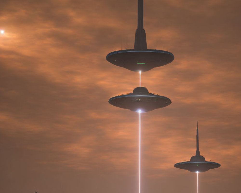 Four UFOs Emitting Light Beams Descend in Twilight Sky