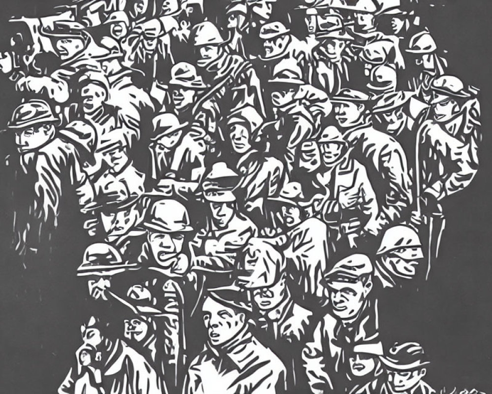 Monochrome artwork of crowded people in hats with depth and movement