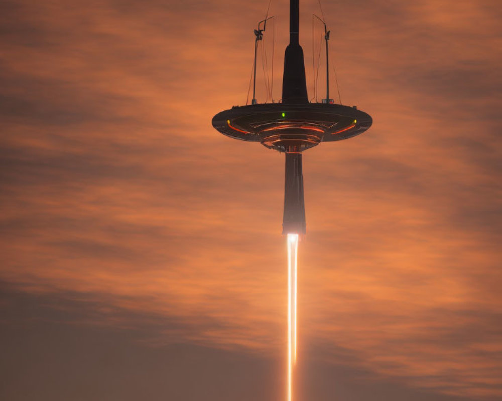 Rocket Launching at Dusk with Fiery Trail and Reddish-Orange Sky