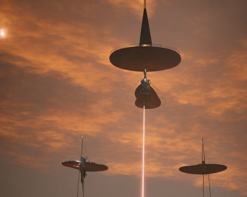 Three UFOs Emitting Beams of Light Descend Through Cloudy Orange Sky